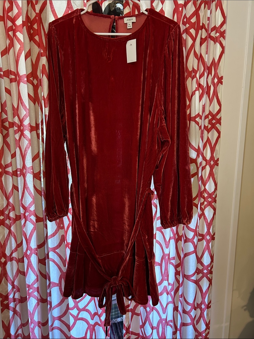 J. Crew Deep Red Velvet Tie-Hem Long Sleeve Dress